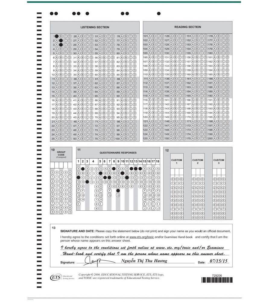 Phiếu TOEIC Answer Sheet mới nhất